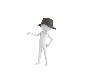 Stick Man Wear Leather Bucket Hat character open hand palm in 3d rendering.