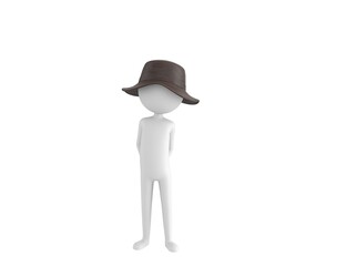 Stick Man Wear Leather Bucket Hat character hides his hands behind his back in 3d rendering.
