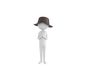 Stick Man Wear Leather Bucket Hat character praying with hands held together in 3d rendering.