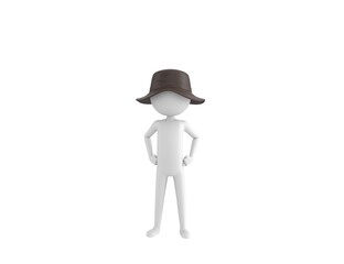 Stick Man Wear Leather Bucket Hat character with hands on hip in 3d rendering.