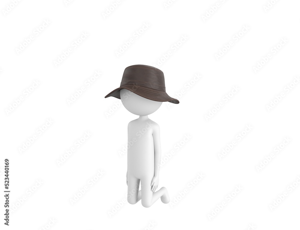 Wall mural stick man wear leather bucket hat character kneeling in 3d rendering.