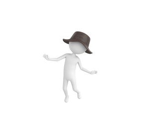 Stick Man Wear Leather Bucket Hat character flying in the air in 3d rendering.