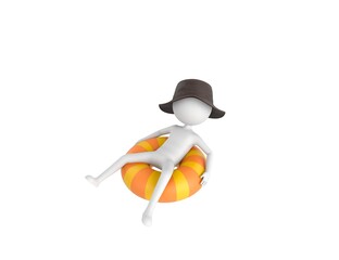 Stick Man Wear Leather Bucket Hat character sitting on the inflatable ring in 3d rendering.