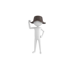 Stick Man Wear Leather Bucket Hat character raising right fist in 3d rendering.