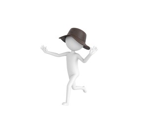 Stick Man Wear Leather Bucket Hat character running away in 3d rendering.