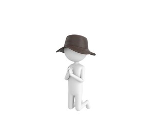 Stick Man Wear Leather Bucket Hat character kneeling and pray in 3d rendering.
