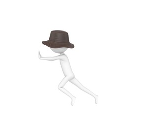 Stick Man Wear Leather Bucket Hat character pushing wall in 3d rendering.