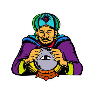 Fortune Teller With Crystal Ball Woodcut