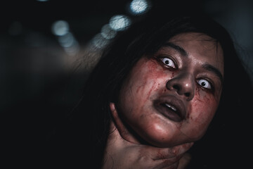 Horror bloodthirsty woman ghost or zombie she is horror scary with breaks her neck at dark night,...