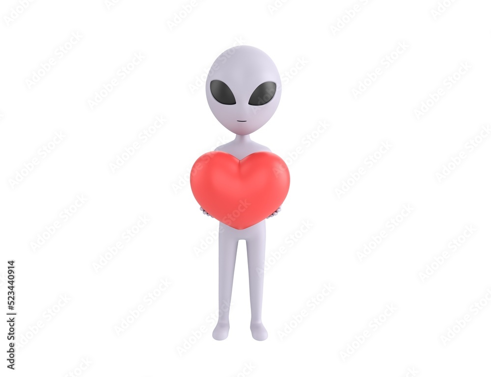 Wall mural Grey Alien character giving red heart in 3d rendering.