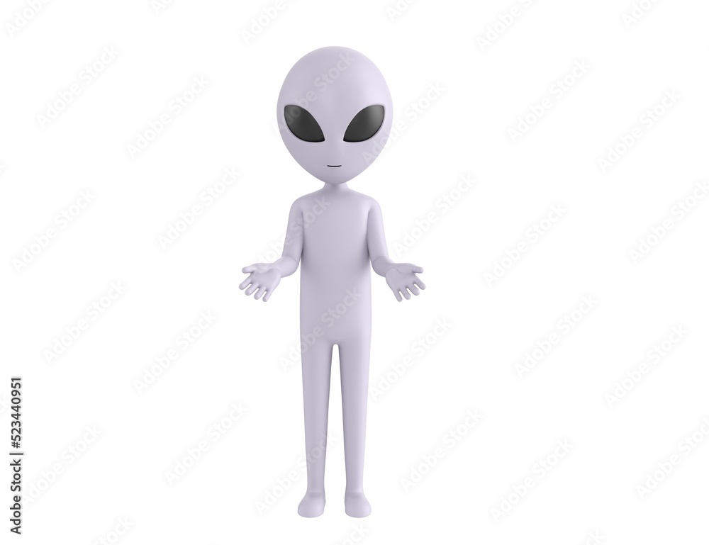 Sticker Grey Alien character show welcome gesture in 3d rendering.