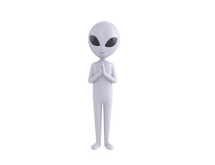 Grey Alien character praying with hands held together in 3d rendering.