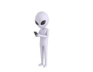 Grey Alien character types text message on cell phone in 3d rendering.