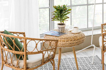 Wilted houseplant with cup of coffee and magazine on table in living room