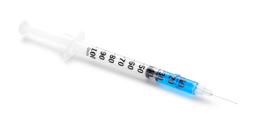 Medical syringe with vaccine on white background