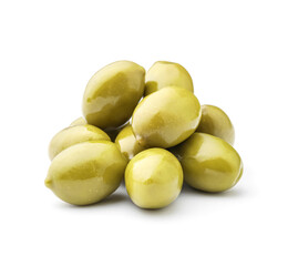 Tasty canned green olives isolated on white