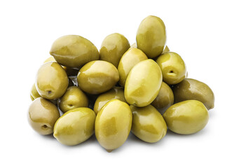 Tasty canned green olives isolated on white