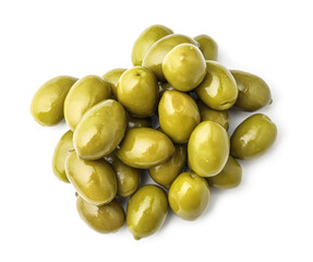 Tasty canned green olives isolated on white