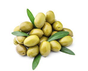 Tasty canned green olives isolated on white