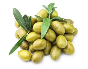 Tasty canned green olives isolated on white