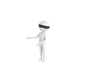 Blind Folded Stick Man character doing welcome gesture in 3d rendering.