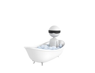 Blind Folded Stick Man character lying in bath tub with foam in 3d rendering.