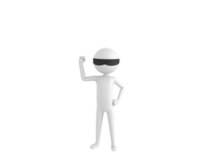 Blind Folded Stick Man character raising right fist in 3d rendering.