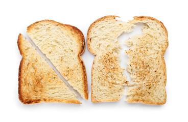Delicious slices of toasted bread on white background