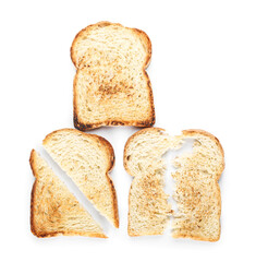 Delicious slices of toasted bread on white background