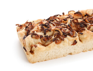Tasty Italian focaccia with roasted onion isolated on white background