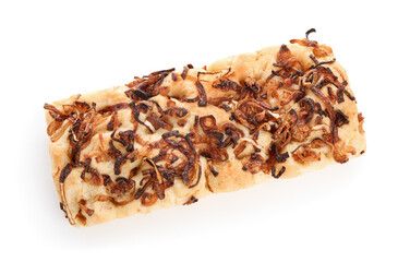 Tasty Italian focaccia with roasted onion on white background