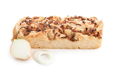 Tasty Italian focaccia with onion on white background