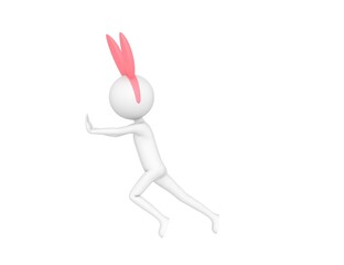 Stick Man Wearing Pink Bunny Headband character pushing wall in 3d rendering.