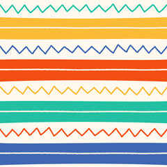 Ethnic Tribal Geometric Folk Indian Scandinavian Gypsy Mexican Boho African Ornament Texture Seamless Pattern Zigzag Dot Line Horizontal Stripes Color Print Textiles Background Vector Illustration
