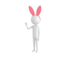 Stick Man Wearing Pink Bunny Headband character saying hi in 3d rendering.