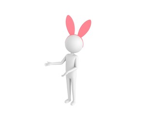 Stick Man Wearing Pink Bunny Headband character doing welcome gesture in 3d rendering.