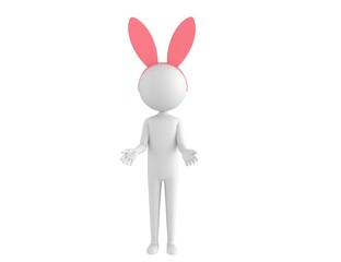 Stick Man Wearing Pink Bunny Headband character show welcome gesture in 3d rendering.