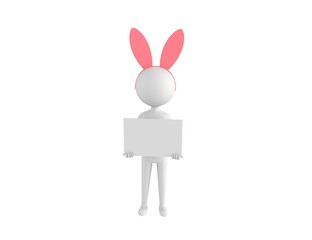 Stick Man Wearing Pink Bunny Headband character holding a blank billboard in 3d rendering.