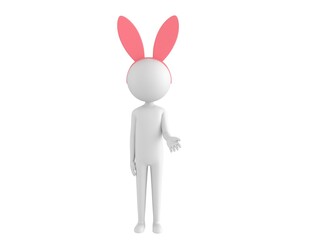 Stick Man Wearing Pink Bunny Headband character giving his hand in 3d rendering.