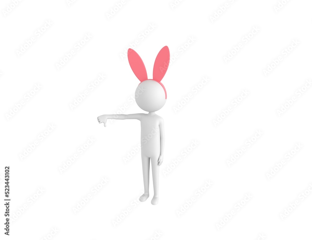 Wall mural stick man wearing pink bunny headband character showing thumb down in 3d rendering.