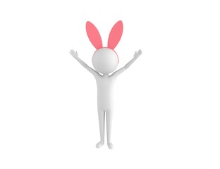 Fototapeta premium Stick Man Wearing Pink Bunny Headband character spreading his two hands in 3d rendering.