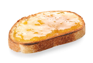 Tasty toast with sweet jam on white background