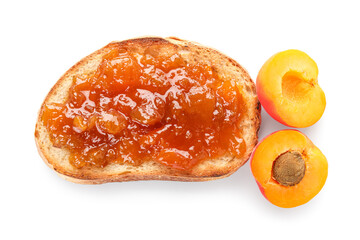 Toast with sweet apricot jam on white background
