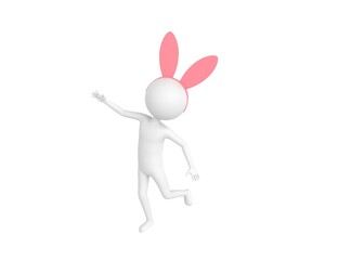 Stick Man Wearing Pink Bunny Headband character floating in the air in 3d rendering.