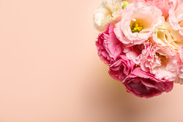 Fototapeta na wymiar Beautiful flowers on pink background, top view