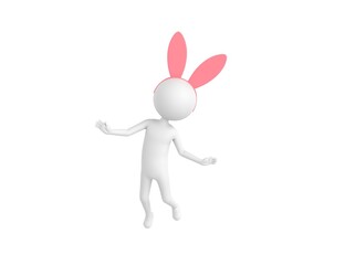 Stick Man Wearing Pink Bunny Headband character flying in the air in 3d rendering.