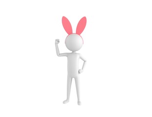 Stick Man Wearing Pink Bunny Headband character raising right fist in 3d rendering.