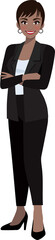African American businesswoman cartoon character in office style smart suit and crossed arms pose