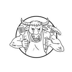 Longhorn Bull Holding Barbecue Sausage Drawing Black and White