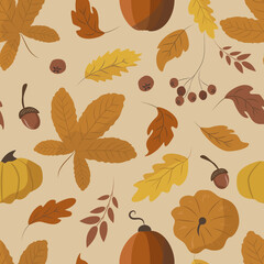 Obraz premium vector seamless pattern in flat style with autumn leaves, berries and pumpkins